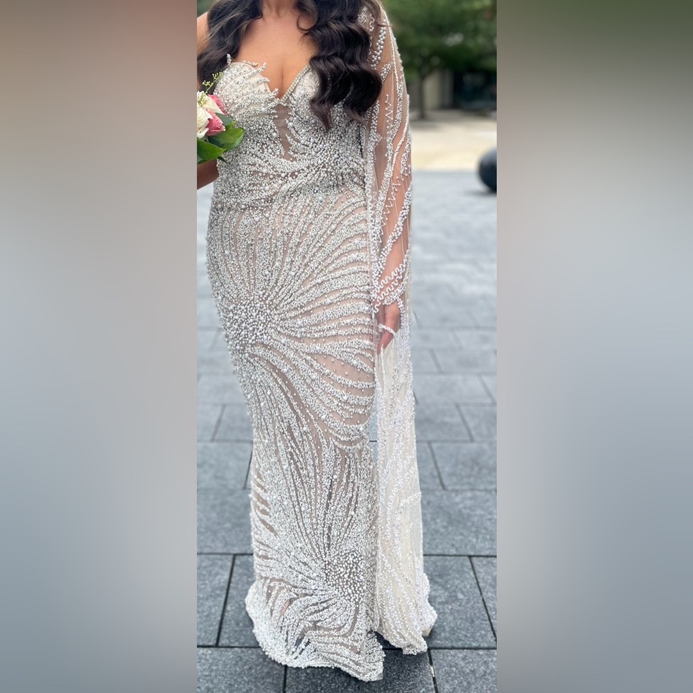 Embellished Cream and Silver Sequin Gown for Weddings